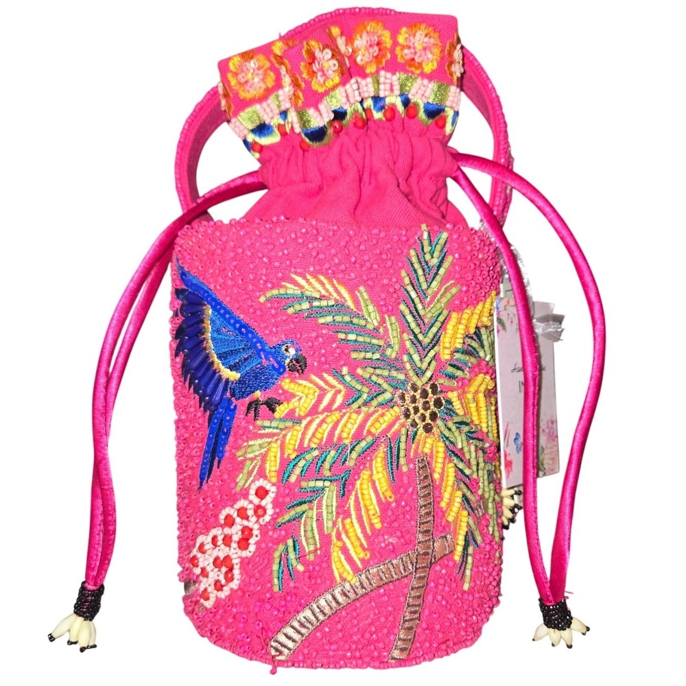 Handcrafted in India Beaded Parrot Sloth Bucket Bag Small Pink New Tropical Boho